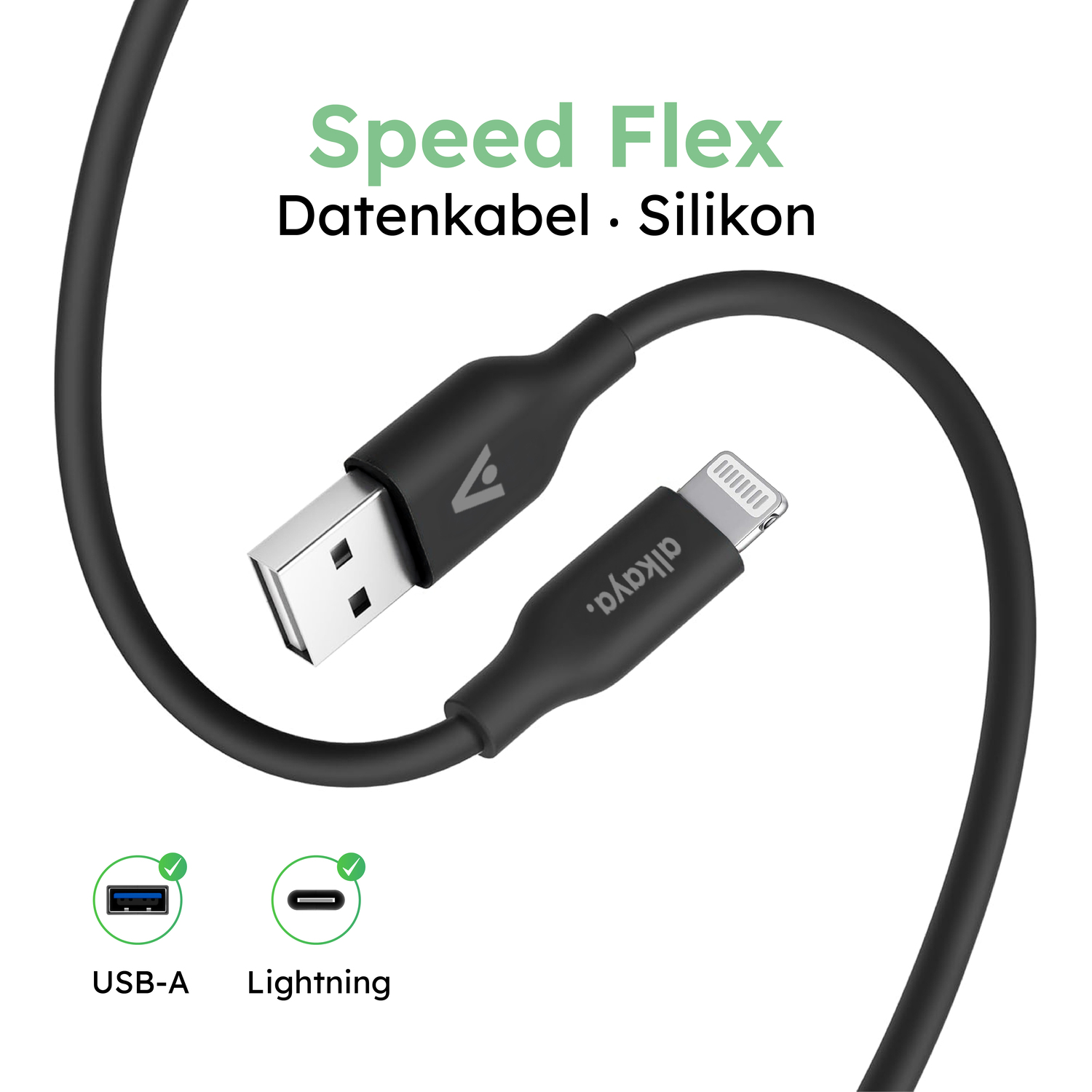alkaya. | Speed Flex | Ladekabel | Silikon | USB A+L Schwarz, 1 Meter