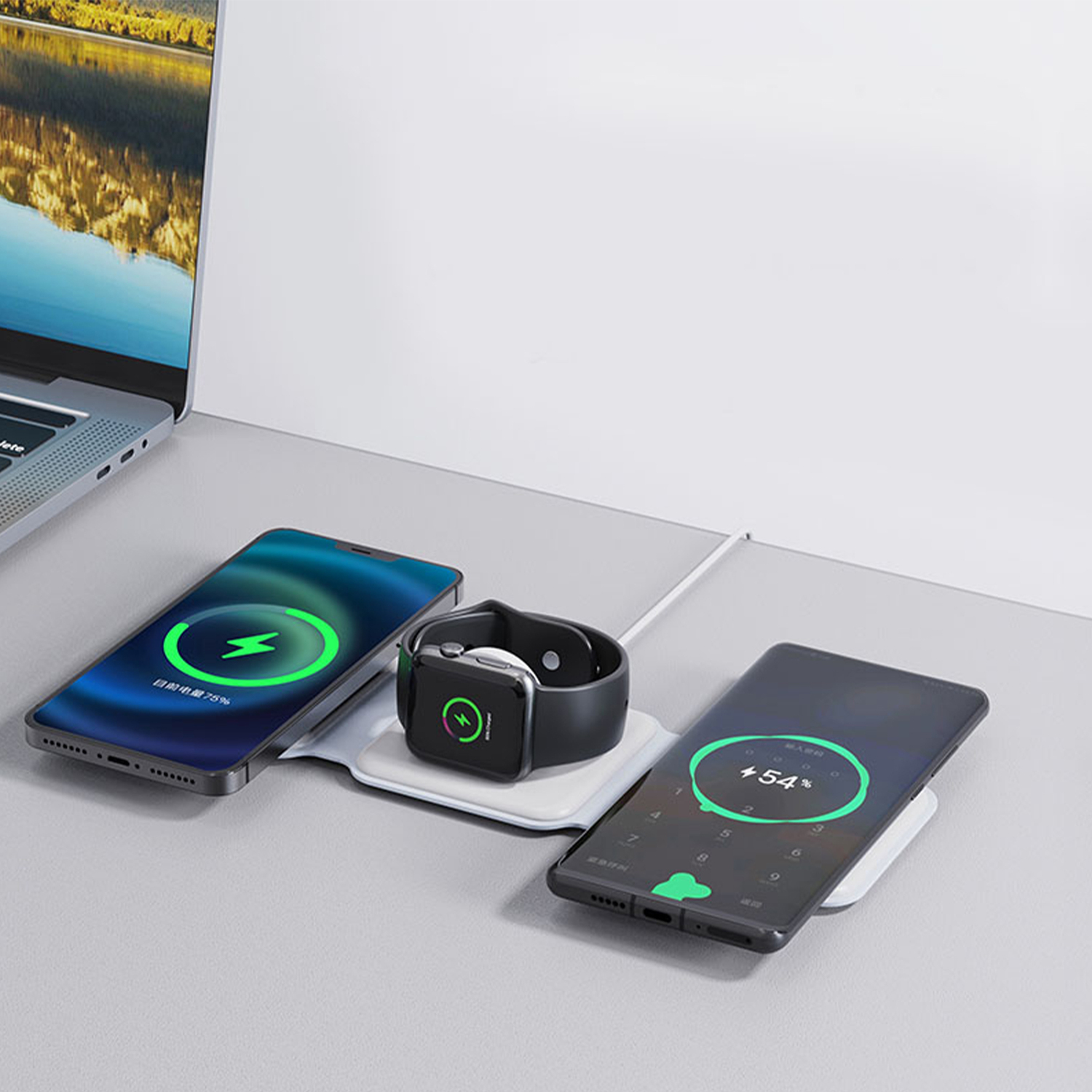 alkaya. | Flex Fold | Reise Ladegerät Faltbar 3 in 1: Handy, Apple Watch und Headset, für MagSafe-Zubehör geeignet Weiß